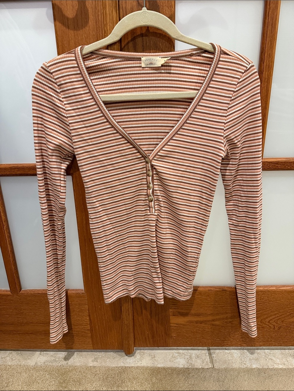 Faherty Rust and Cream Striped Ribbed Henley Long Sleeve